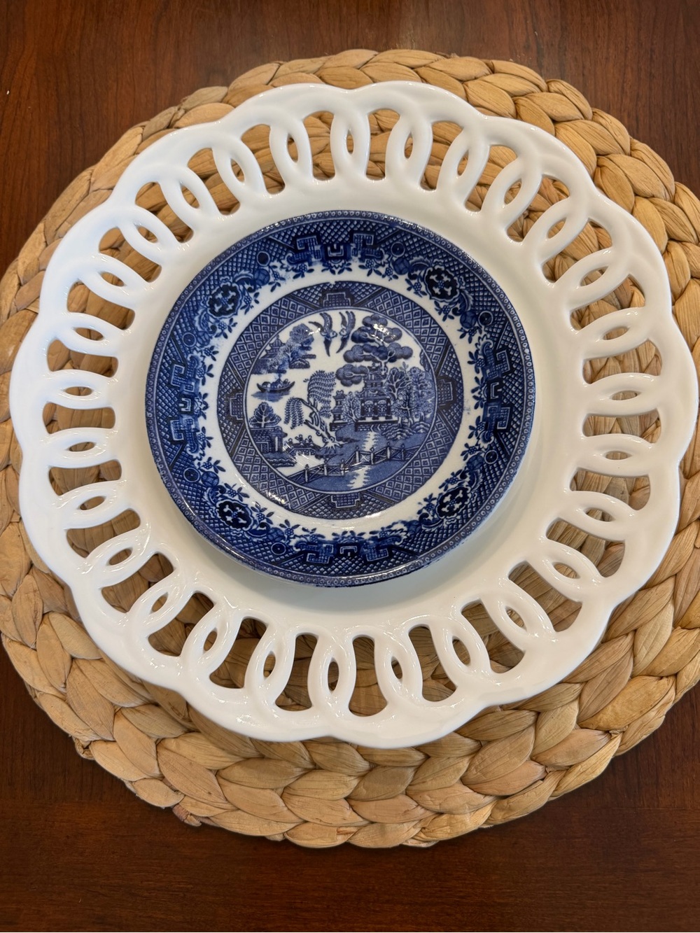 1925, set of 9 Blue Willow plates, W. Adams Sons English Ironstone Transferware